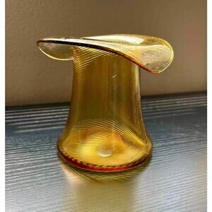 Vintage Amber Glass Hat Vase Hand Blown w/ Pontil Mark Spiral Pattern MCM Ribbed